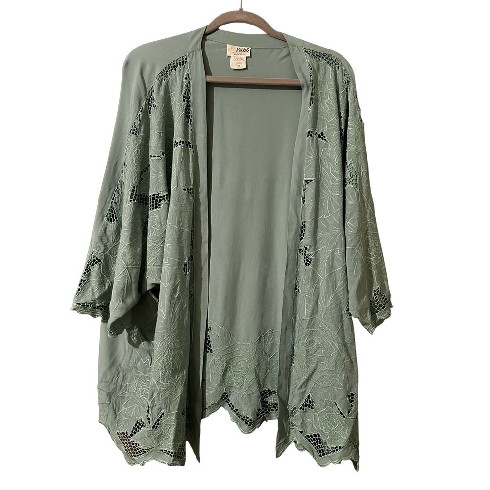 Vintage Nibis Women’s M Seafoam Green/Light Teal Roses Cutout Kimono/Cardigan